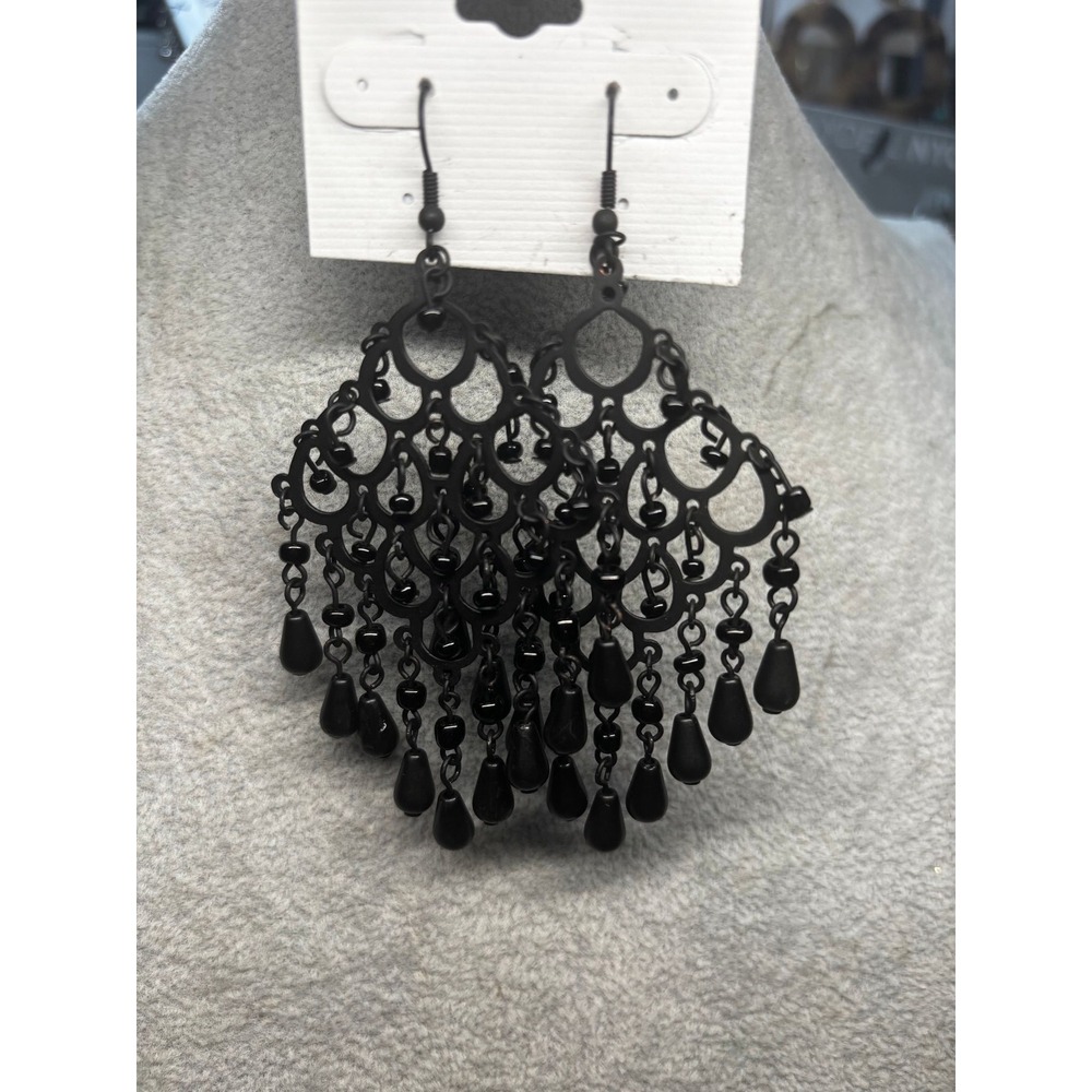 #1.  Black Beaded Chandelier Drop Earrings Gothic Filigree Teardrop
